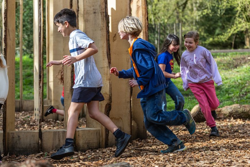 children running around a wooden playground